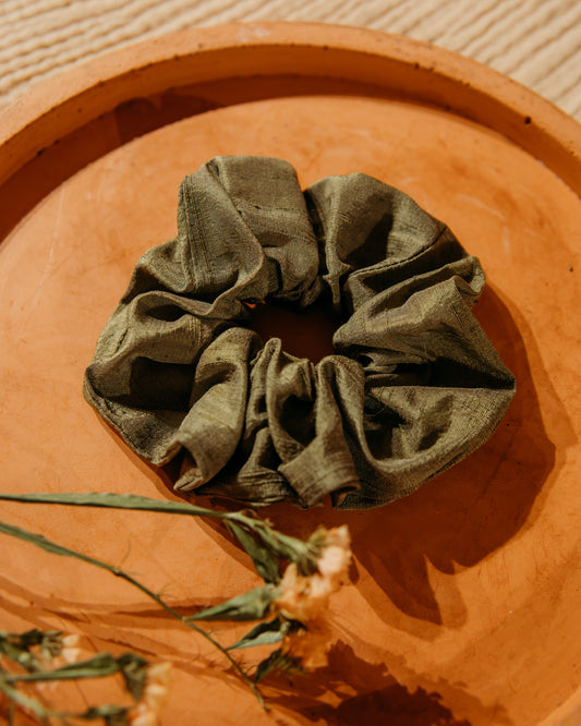 Moss Raw Silk Scrunchie